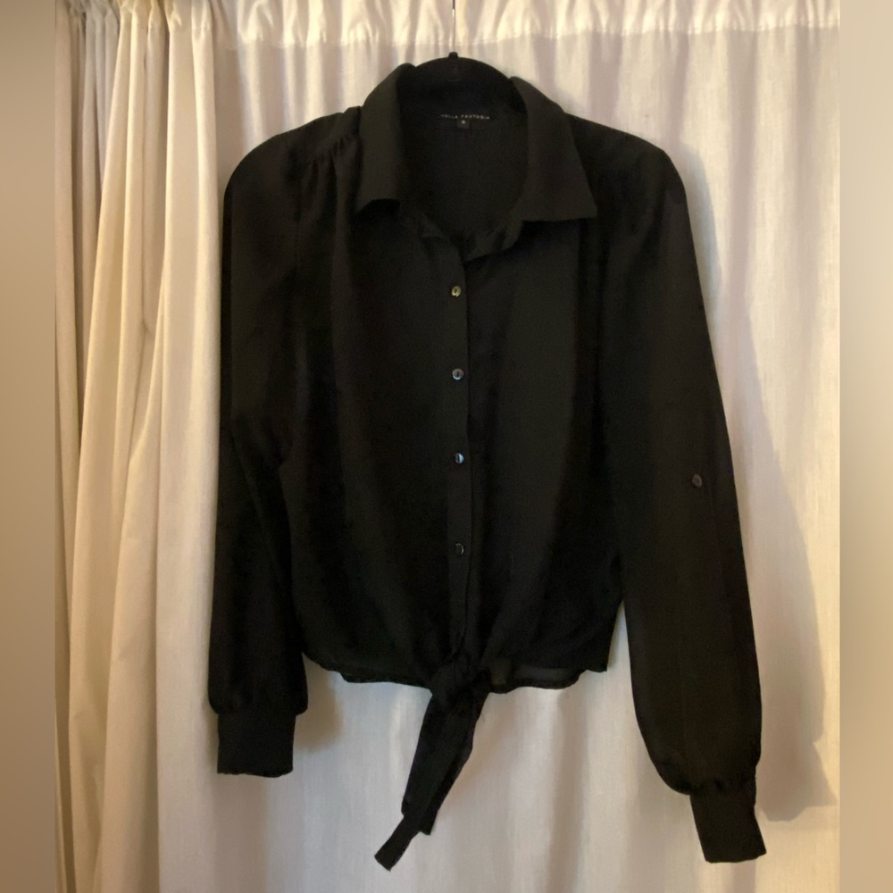 Black See Through Button Down Collared Top with Front Tie Nella Fantasia